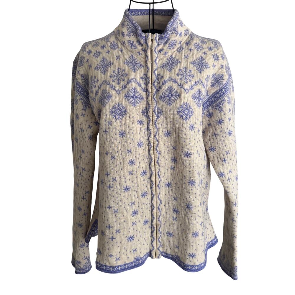 Vintage Obermeyer Signature Nordic Fair Isle Wool Ski Cardigan Sweater Zip Front